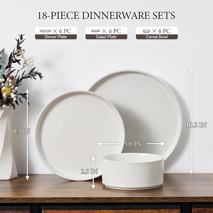 E-far Stoneware Dinnerware Sets, 18-Pieces Modern Plates and Bowls Sets, Kitchen Dinning Porcelain Dishes Set for 6, Chip & Scratch Resistant, Dishwasher & Microwave Safe, Speckled White