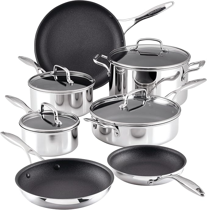 Circulon C1 Series Stainless Steel Nonstick Cookware Set - 11-Piece ??Induction Pots & Pans Set with ScratchDefense, Metal Utensil Safe