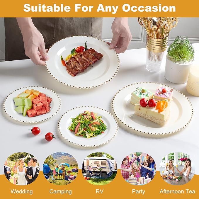 EI 60pcs Beige Plastic Plates with Gold Rim,Ivory Disposable Plates,Heavy Duty Fancy Plastic Plate Elegant for Party,Wedding,Birthday,Spring,Afternoon tea