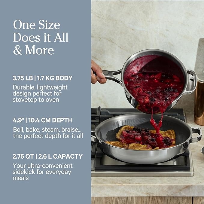Our Place Mini Titanium Perfect Pot Pro | 2.75 Qt Cooking Pot with Lid & Silicone Spoon | PFAS-Free Nonstick, Fully-Clad Tri-Ply Stainless Steel & Aluminum | Induction & Oven-Safe to 1000째F | Chrome