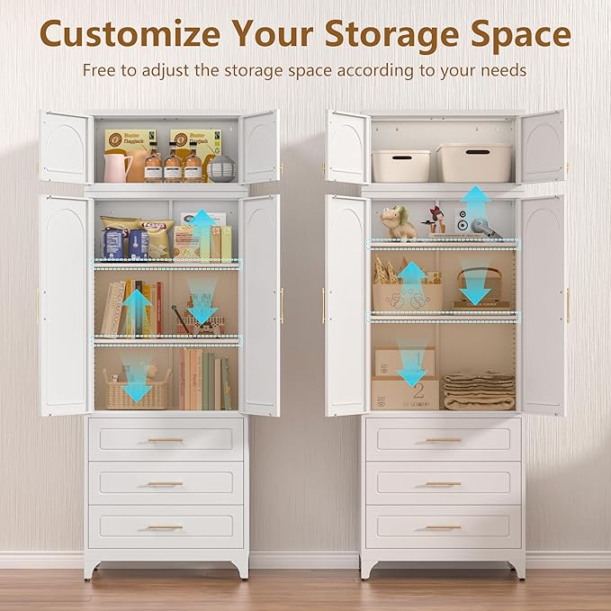 Kitchen Pantry Cabinet with 3 Drawers, 90" Tall Metal Storage Cabinets with Doors and Shelves, Food Cupboards for Dining, Living Room, 16" D x 32" W x 90" H, White, Assembly Required