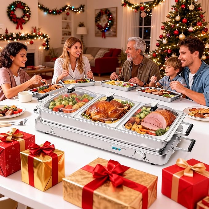 LDAILY Buffet Servers and Warmers, 8 QT Stainless Food Warmer w/Adjustable Temp, Triple Chafing Dishes & Clear Slotted Lids, 450W Electric Warming Trays for Buffets Party, Banquets, Holiday Events