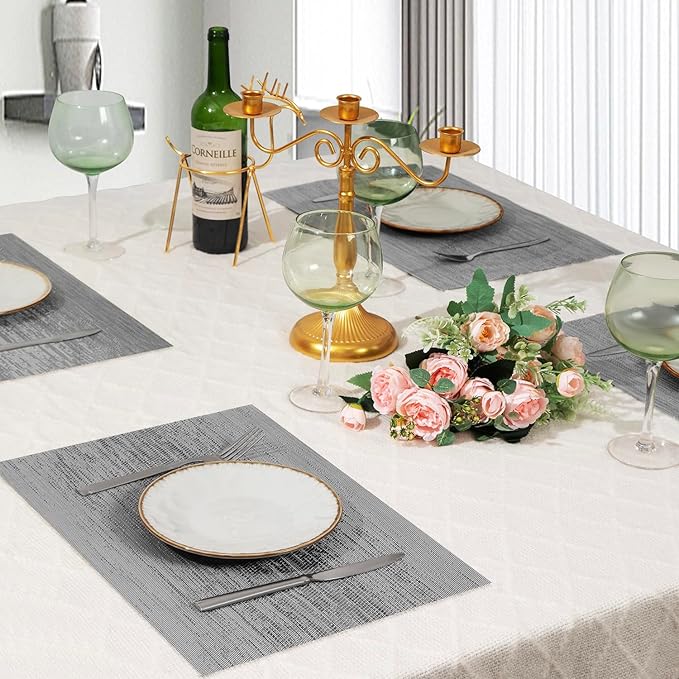 Leetaltree Grey Placemats, Heat Resistant Non-Slip Place mats for Dining Table, Washable Durable PVC Vinyl Woven Table Mats (Set of 4)