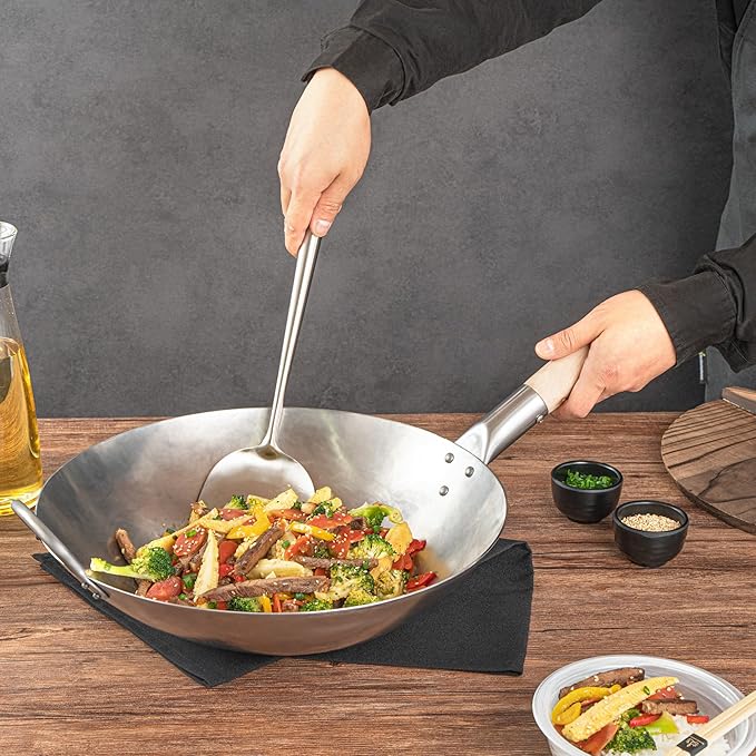 Motomori 14 Inch Hand-Hammered Carbon Steel Woks, 10 Traditional Japanese Woks - Round Bottom, Wooden Handle, Black Carbon Steel Traditional Stir Fry Pans, With Helper Handle - Restaurantware