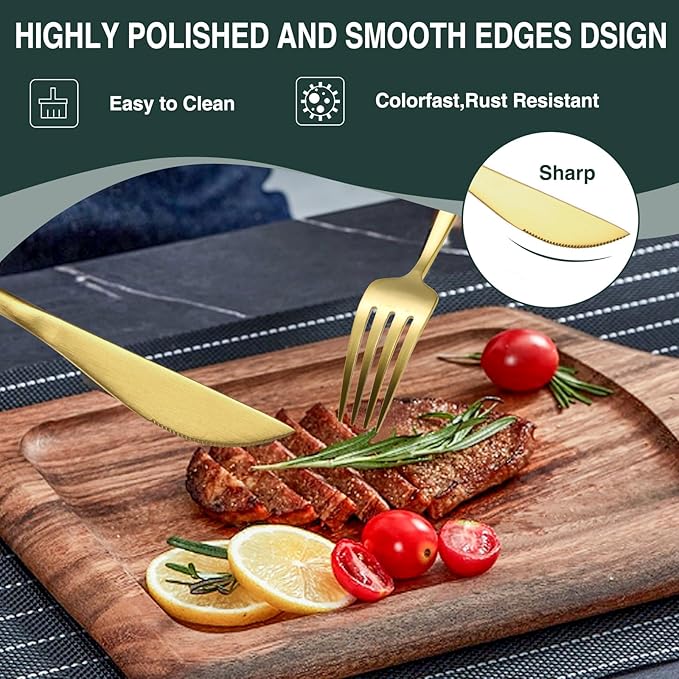 60 Pieces Stainless Steel Silverware Set, Flatware Cutlery Set Service for 12, Tableware Cutlery Set Include Knife Fork Spoon Set, Utensils for Home, Restaurant, Hotel, Dishwasher Safe (Gold)