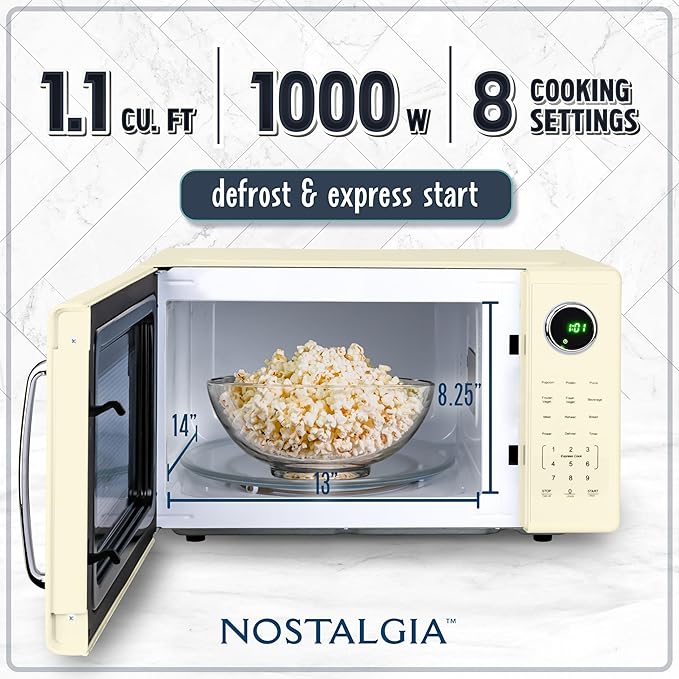 Nostalgia Retro 1000W Microwave Oven 1.1 Cu Ft Capacity ??Child Safety Lock, 8 Auto-Cook Settings ??Countertop Kitchen Appliance ??Ivory