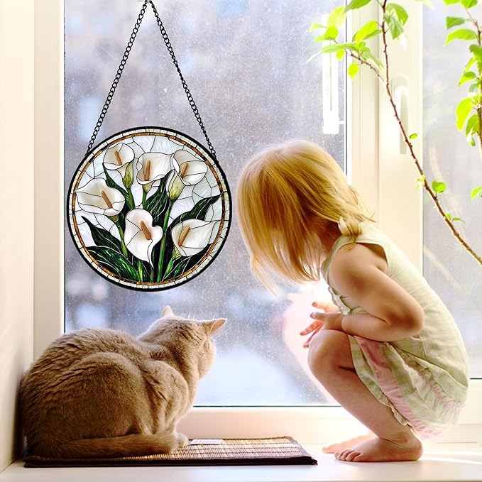 Stained Glass Window Hanging, White Calla Lily Flowers Sun Catchers Glass Panel Plant Suncatcher Decor for Birthday for Women, Men, Wife, Aunt, and Mom 7.8 in