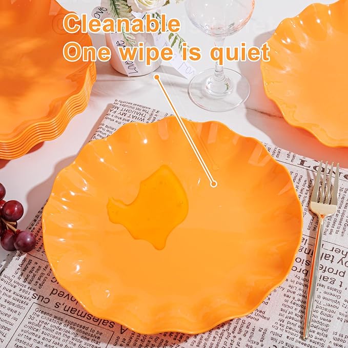 LIYH 20 Pcs 10 Inch Orange Plastic Scalloped Plates Reusable - Unbreakable Dinner Plates-Dishwasher Safe, Perfect for Halloween & Thanksgiving Party BPA Free
