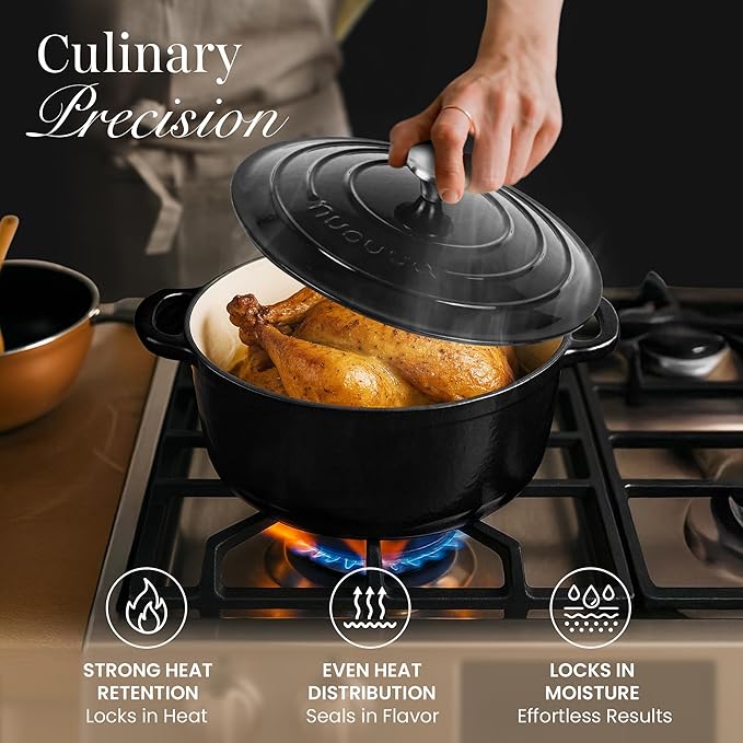 Nuovva Enamelled Cast Iron Dutch Oven Pot with Lid ??6.4 Quart Non Stick Casserole Pot ??Heavy Duty & Oven Safe up to 500째 F for Bread Baking, Braising, Stews, Roasting ??28cm Black