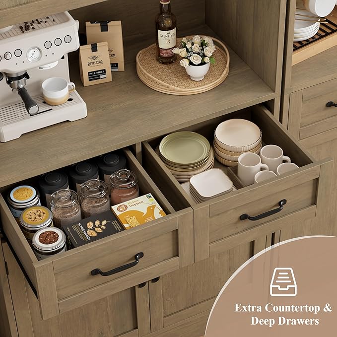 HOSTACK 71??Tall Kitchen Pantry Storage Cabinet, Modern Kitchen Hutch Bar Cabinet with Microwave Stand, Wood Buffet Sideboard with Hutch, Cupboard with Drawers, Shelves for Dining Room, Rustic Brown