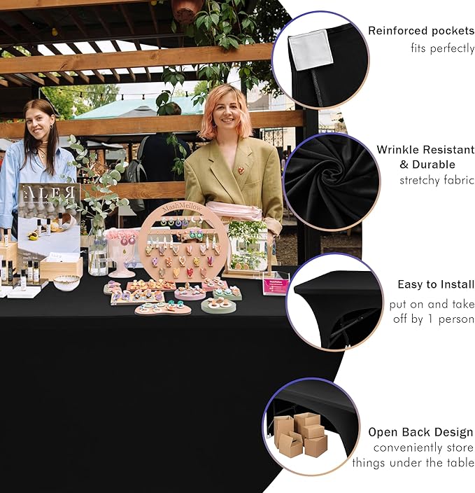 Nasitos 4 Pack Black Tablecloth 8 ft-Fitted Spandex Table Covers, Open Back Trade Show Table Cover, Washable and Wrinkle Resistant Tablecloth for Craft Show, Weddings, Events