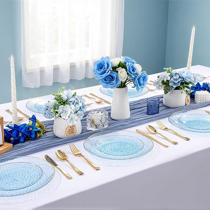 DaYammi 100PCS Blue and Gold Plastic Plates - 10 inch Clear Blue Gold Dinner Plates - Hammer Pattern Design - Fancy Disposable Plates - Heavy-Duty Party Plate for All Occasions