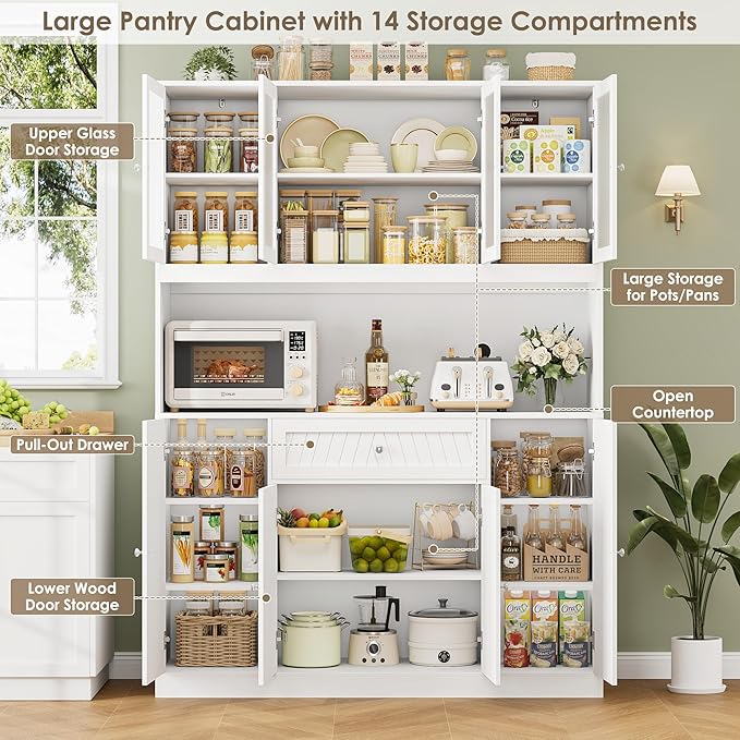 72" Large Pantry Cabinet with Doors and Drawer, 55.1" Wide Kitchen Cabinets with Countertop, White Kitchen Pantry Storage Cabinet for Dining Room, Living Room, Modern