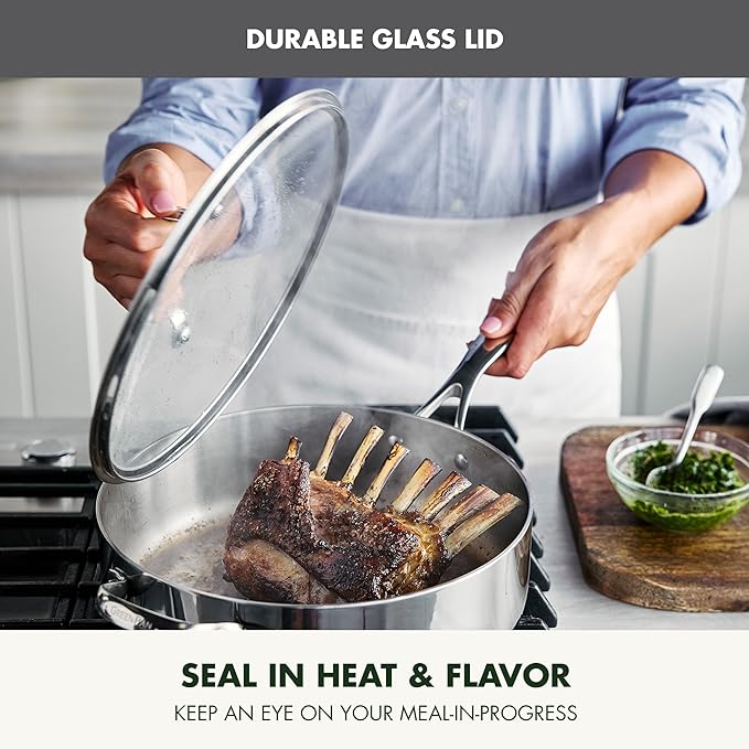 GreenPan Valencia Tri-Ply Stainless Steel 5QT Saute Pan with Lid, Induction Ready, Mirror Finish, Dishwasher Safe & Oven/Broiler Safe to 600F, Compatible with All Cooktops, Silver