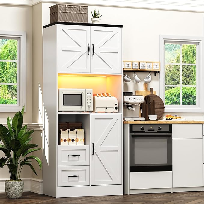 Kitchen Pantry Storage Cabinet with LED Lights and Power Strip, Tall Farmhouse Kitchen Pantry with Barn Doors and Drawers, Adjustable Shelves for Dining Living Room (White)