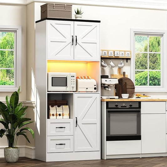 Kitchen Pantry Storage Cabinet with LED Lights and Power Strip, Tall Farmhouse Kitchen Pantry with Barn Doors and Drawers, Adjustable Shelves for Dining Living Room (White)