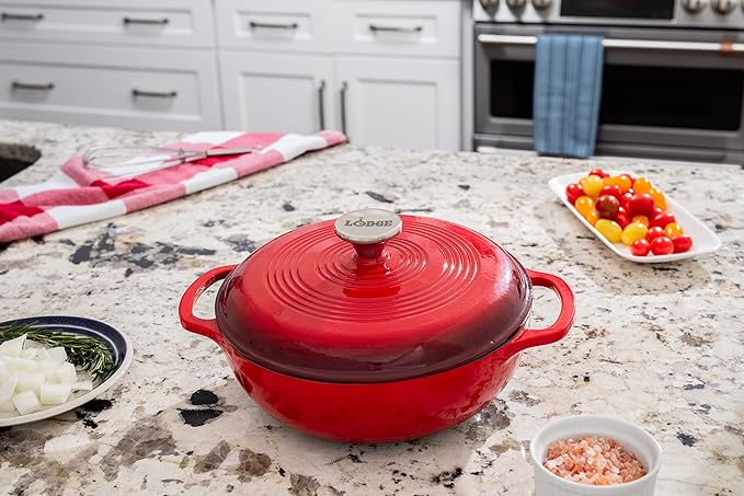Lodge 3 Quart Enameled Cast Iron Dutch Oven with Lid ??Dual Handles ??Oven Safe up to 500째 F or on Stovetop - Use to Marinate, Cook, Bake, Refrigerate and Serve ??Island Spice Red