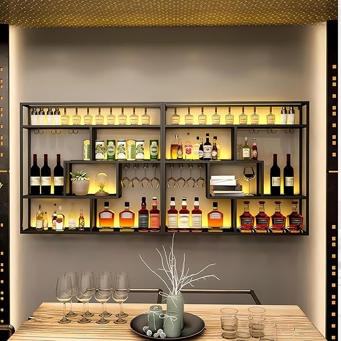 59.1in Wall Mounted Wine Rack, 4 Tier Wall Mount Bottle Rack with Glass Holder, Industrial Metal Floating Bar Liquor Bottles Display Storage Shelf for Dining Room, Kitchen (Black, A,59.1in)