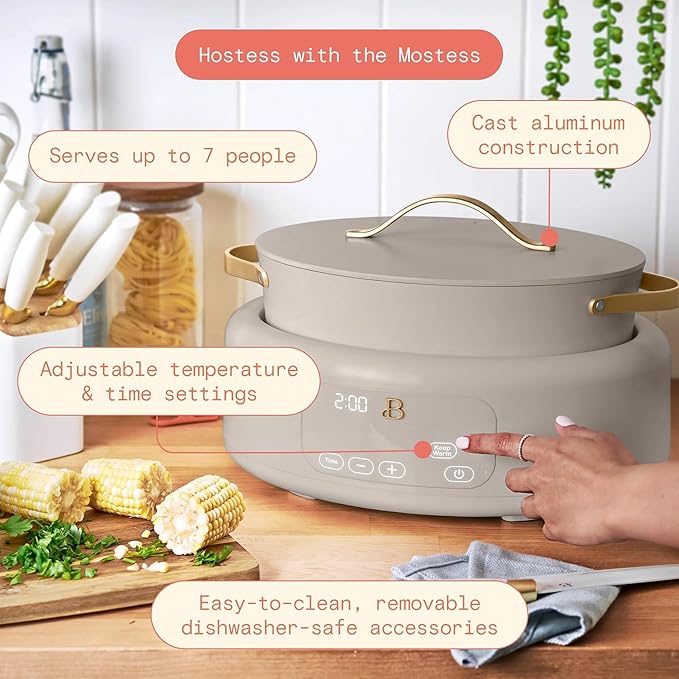 Beautiful 10-in-1 Electric Multi-Cooker by Drew Barrymore, 6-quart, digital display, 10 cooking functions, non-stick pot, easy one-touch control (Porcini Taupe)