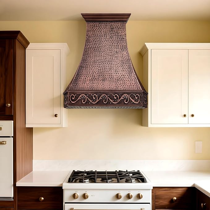 CT Copper Tailor Copper Vent Hood Wall Mount,48'' W,42''H, 1150 CFM Exhaust Fan,Stainless Steel Vent,LED Light,Dishwasher-Safe Baffle Filters,Light Hammered-Medium Patina,VH3A