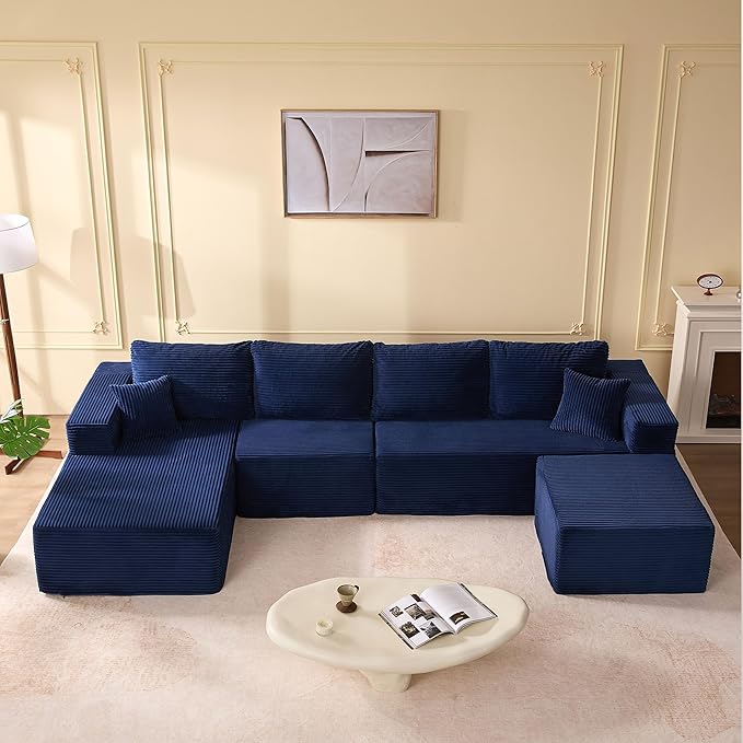 138" Boneless Couch with Deep Seat, Modular Sectional Sofa, Cloud Sectional Couch for Living Room, No Assembly Required, Corduroy, U-Shape 4 Seater Left, Blue
