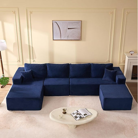 138" Boneless Couch with Deep Seat, Modular Sectional Sofa, Cloud Sectional Couch for Living Room, No Assembly Required, Corduroy, U-Shape 4 Seater Left, Blue