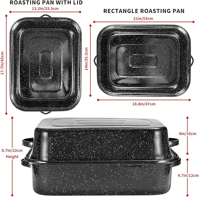 Roasting Pan with Rack, 21??Rectangular Granite Roaster Pan, 25lb Capacity, Large Roaster Pot for Baking Turkey with Versatile Lid