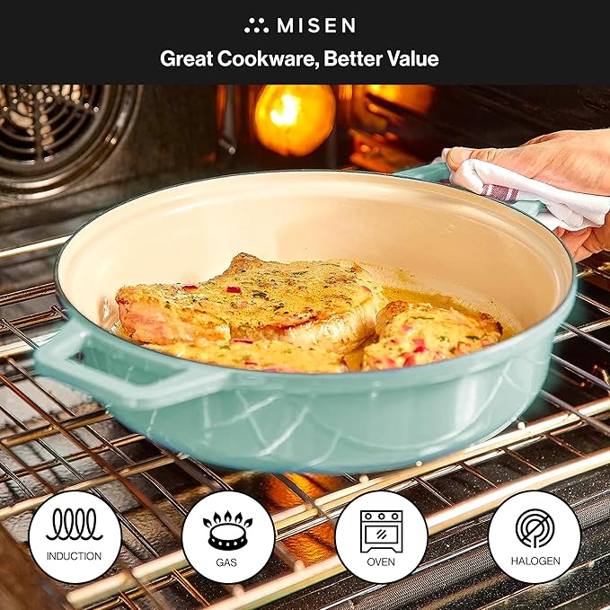 Misen 5.5 QT Braiser ??Enameled Cast Iron Pan for Searing, Braising & Slow Cooking ??No-Chip Enamel Coating ??Extra-Wide Handles ??Superior Heat Retention & Even Cooking - Green