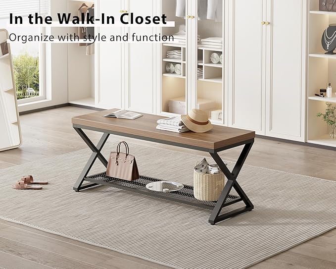LVB Entryway Shoe Bench with Storage, 39??Entryway Bench for Foyer Hallway, Farmhouse Wood and Metal Indoor Bench for Entrance, Shoe Rack Storage Bench with Sitting for Living Room, Rustic Oak, 39 in