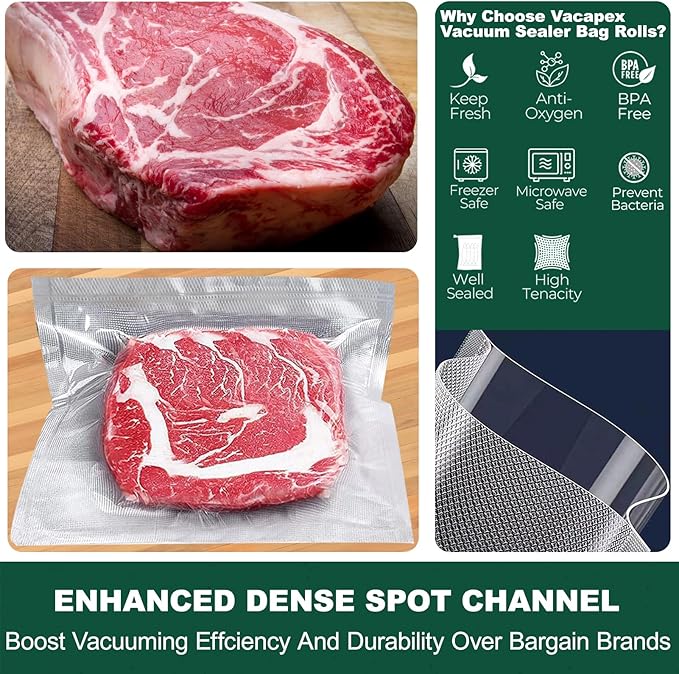 Vacuum Sealer Bags Rolls for Food, VACAPEX 6 Rolls for Custom Fit Food Storage, Meal Prep or Sous Vide, 8" x 20' (3 Rolls) and 11"x 20' (3 Rolls) Commercial Grade Vacuum Seal Freezer Bags Rolls