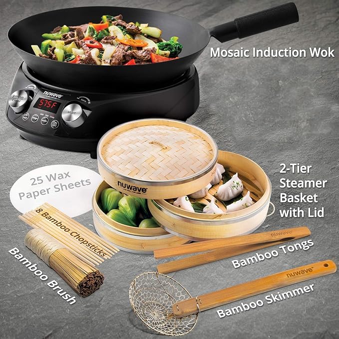 Nuwave Mosaic Induction Wok, Temp Control 100째F-575째F in 5째F, Wok Hei, Infuse Charred Aroma & Flavor, 14-inch Carbon Steel Wok, 8pc Bamboo Accessories