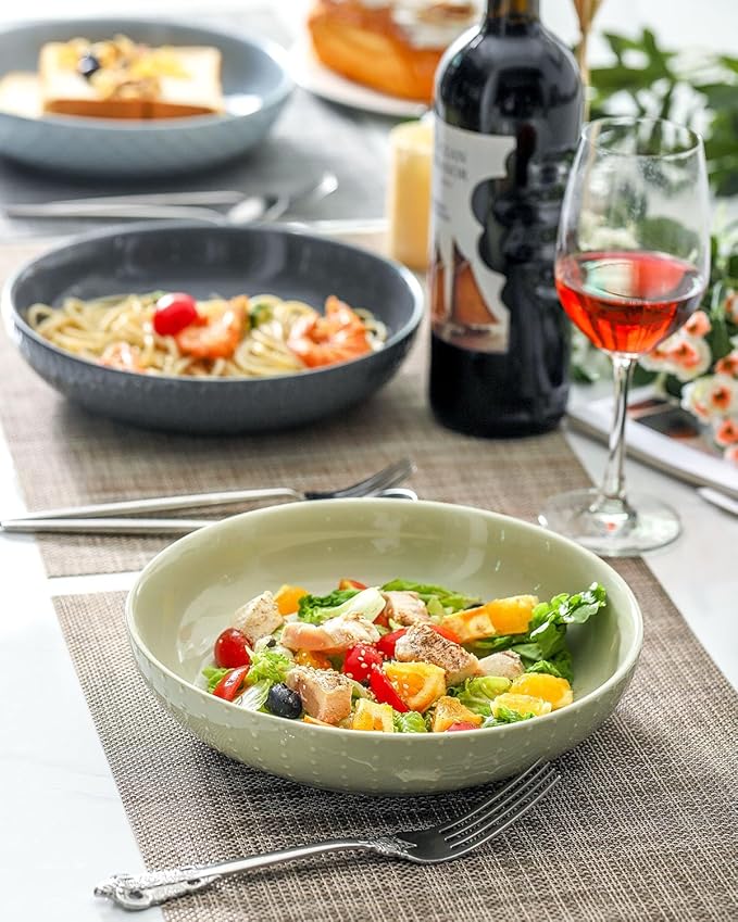HASENSE Ceramic Pasta Bowls, 42 OZ Ceramic Salad Bowl Set of 4, Large Serving Plate Bowls,Embossment Stoneware Wide and Shallow Pasta Plates for Fruits, Noodle,Colorful