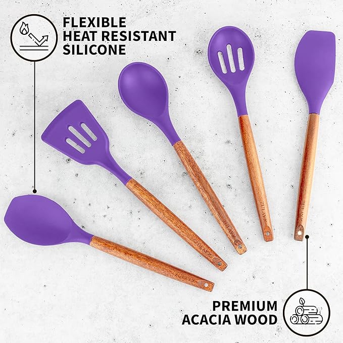Zulay Kitchen Non-Stick Cooking Utensils Set with Authentic Acacia Wood Handles ??5-Piece Durable & Stylish Silicone Kitchen Utensils Set ??Heat Resistant to 464째F ??Purple