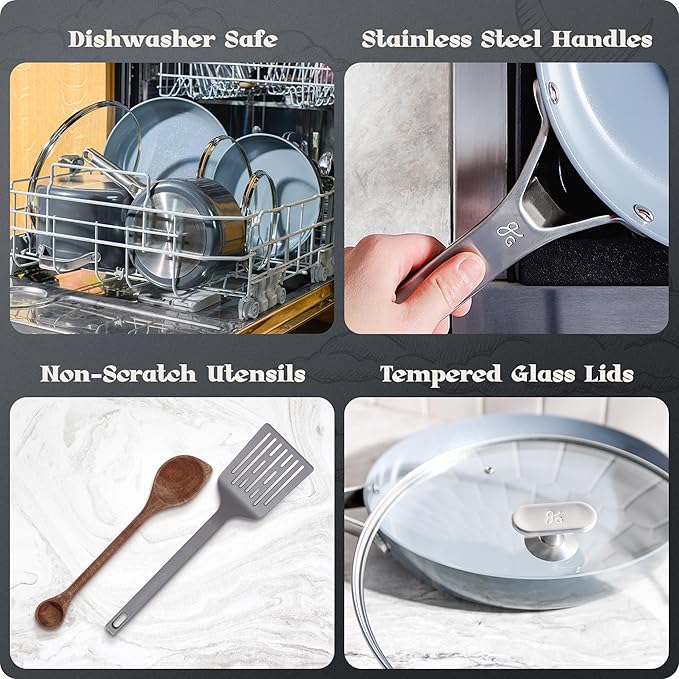 Premium Non-Toxic Ceramic Cookware Set ??Triple-Layer Nonstick 12 Piece Pots and Pans with Lids, PFAS-Free, Oven Safe for Healthy Meals, Space-Saving Design, Midnight Gray Color | Greater Goods