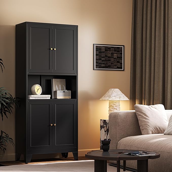 69"H Black Pantry Kitchen Cabinet with Microwave Stand,Black Metal Storage Cabinets,Freestanding Pantry Cabinet,Farmhouse Food Storage Cabinets,Tall and Large Pantry Cabinets for Kitchen, Dining Room