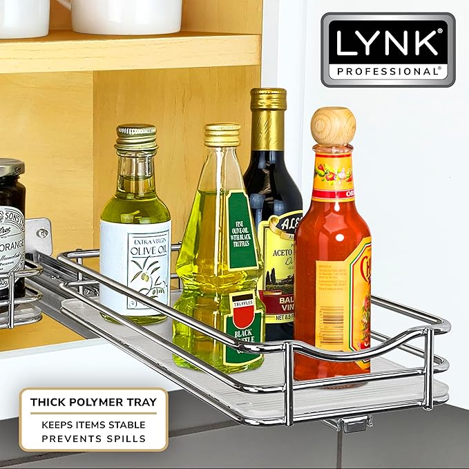 LYNK PROFESSIONAL짰 Pull Out Spice Rack Organizer for Inside Kitchen Cabinets - 4-3/8 inch Wide - Slide Out Drawer ??Chrome Sliding Spice Cabinet Organization Shelf Racks - 1 Tier