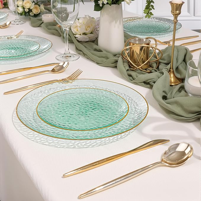 SUT 100Pcs Green Plastic Plates, Hammered Plates Disposable Heavy Duty, Green Disposable Plates With Gold Rim, Fancy Plastic plates Include 50 Dinner plate and 50 Dessert plate for Wedding