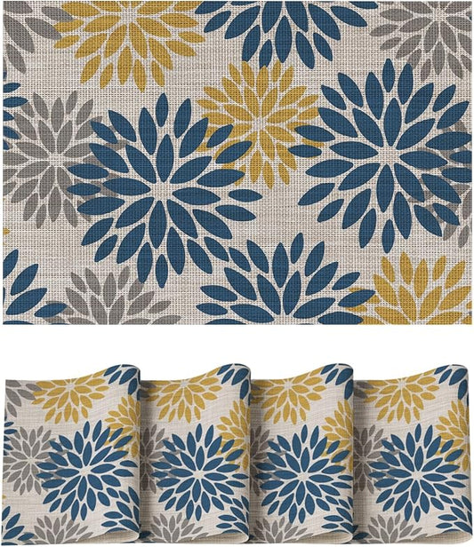Artoid Mode Floral Vinyl Placemats Set of 4, Heat Resistant Washable Non-Slip Plistic PVC Place Mats for Party Kitchen Dining Decor, Blue Yellow