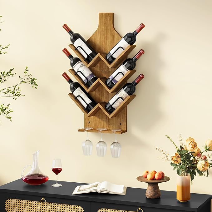 Hoctieon Wine Rack Wall Mounted, 6 Bottles Wood Wine Rack for Display and Storage, Hanging Bottle Holder Bar Shelves for Living Room, Kitchen, Dining Room, Wine Cellar, Warm Brown