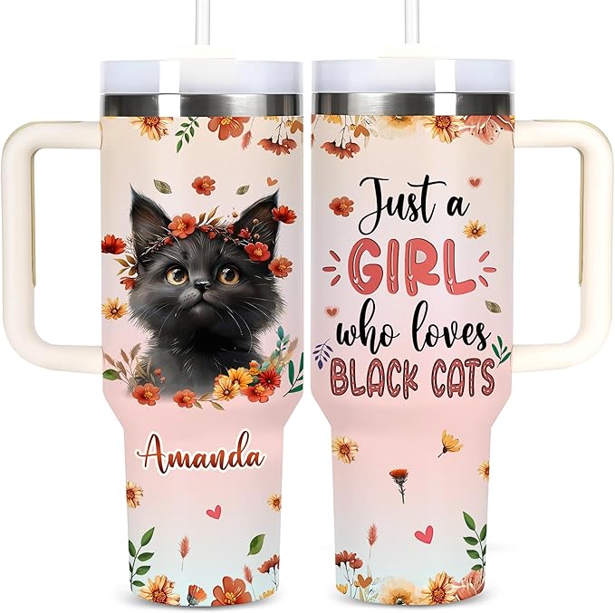 AGGLOMEKC Personalized Cute Cat Cup - Mother's Day Birthday Gift For Animal Lovers - Just A Girl Who Loves Cat Tumbler 40oz With Custom Name - Pet Lover Gifts For Women, Her