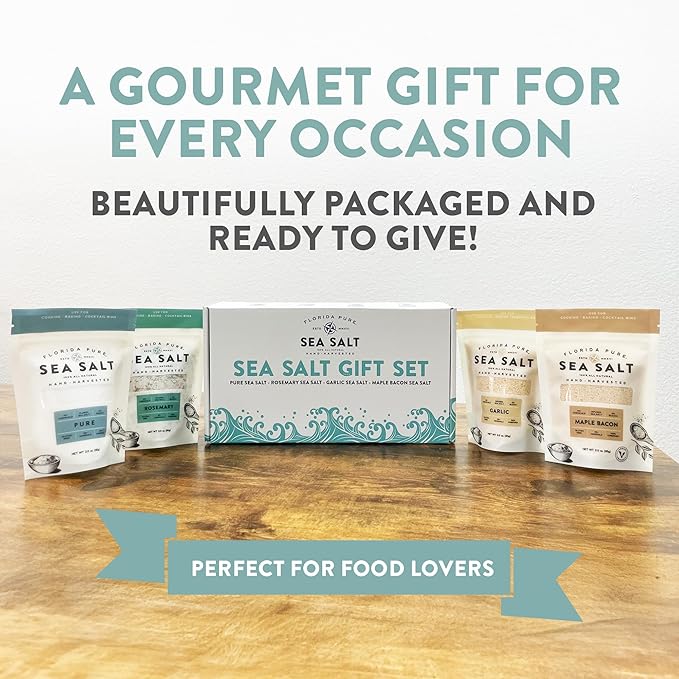 Florida Pure Sea Salt Gift Set - 4 Flavors Bundle with Garlic, Rosemary, Maple Bacon & Pure | Hand-Harvested, Mineral-Rich, All-Natural - Flaky Sea Salt for Baking Cooking, Seasoning & Enhancing Taste
