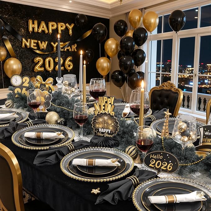 KIRE 100PCS Black and Gold Plates - Black Plastic Plates Disposable with Gold Rim for Halloween Party/Wedding/Birthday Include 50Pcs 10.25inch for Dinner and 50Pcs 7.5inch for Dessert/Salad