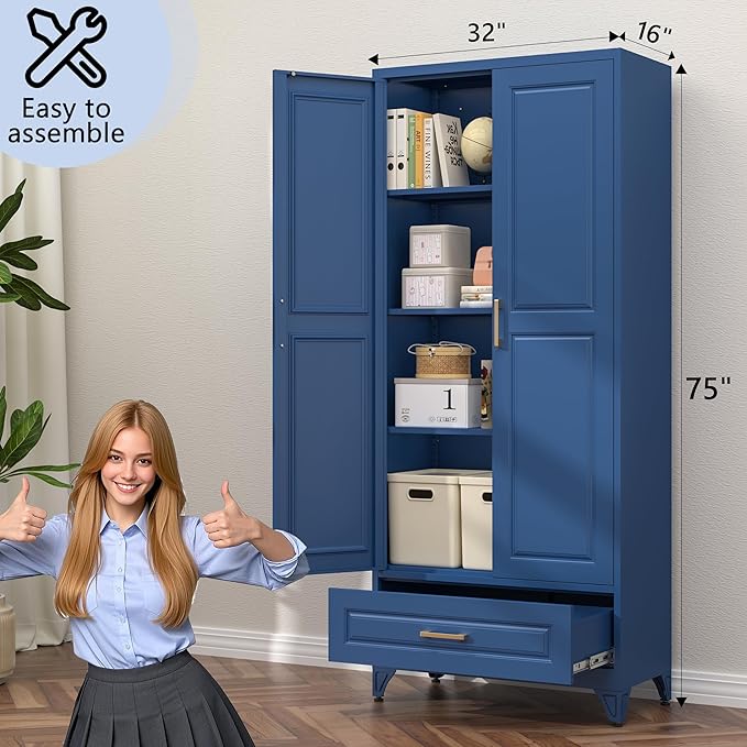 75??Kitchen Pantry Storage Cabinet,Metal Tall Storage Cabinet with Drawers and Adjustable Shelves,Modern Kitchen Hutch Cabinet,Freestanding Cupboard for Living Room,Blue