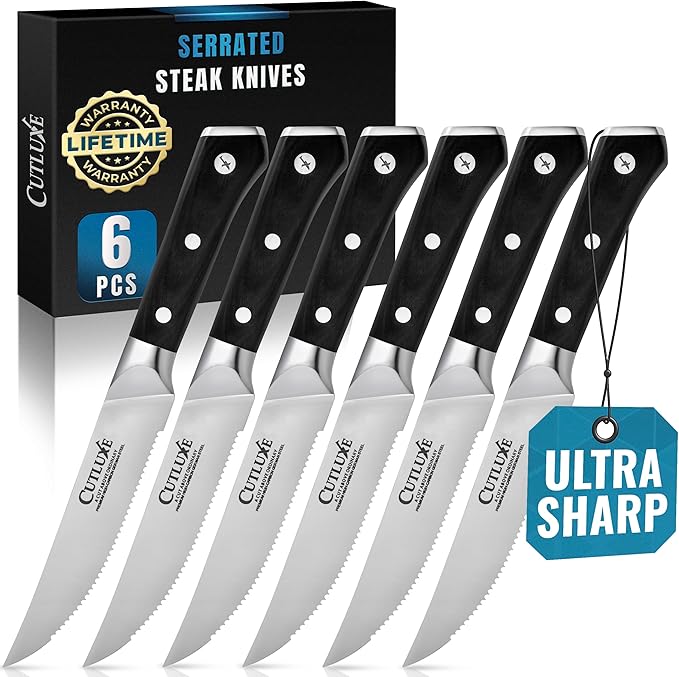 Cutluxe Steak Knives Set of 6, Serrated Steak Knives ??Forged High Carbon German Steel, Full Tang, Ergonomic Handle Design ??Artisan Series