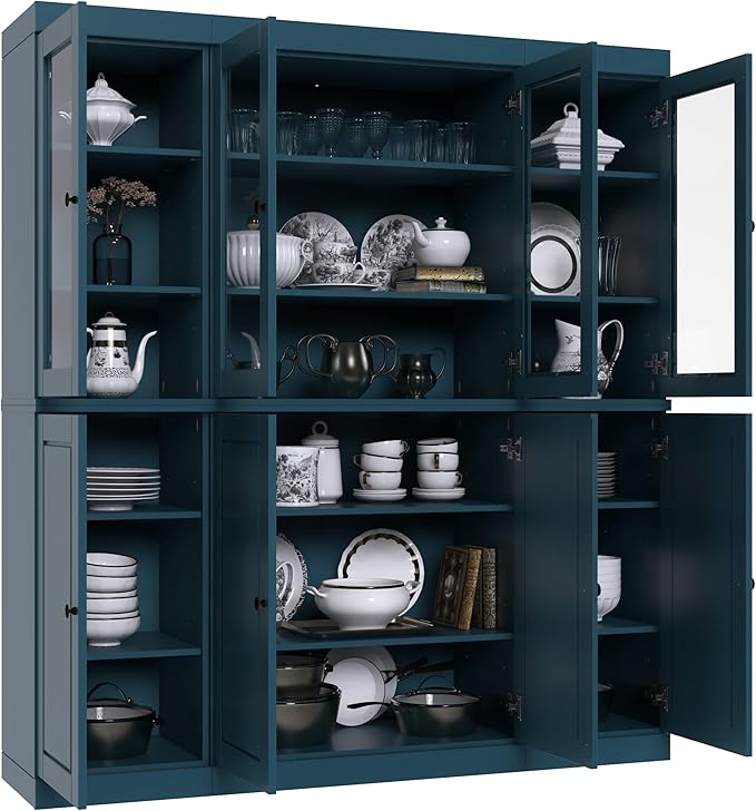Palace Imports 100% Solid Wood Kitchen Pantry Hutch, Teal Blue, 65" w x 71.5" h x 15.5" d, Renewable Eco-Friendly Wood, Made in Brazil