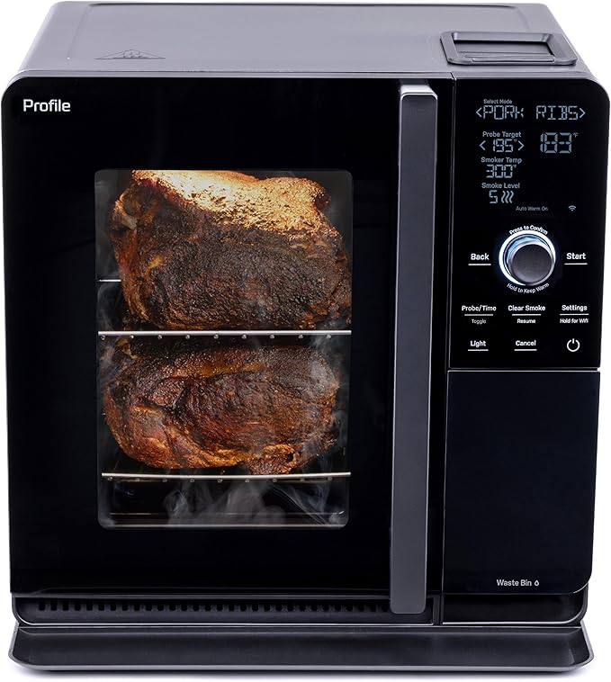 GE Profile??Smart Indoor Pellet Smoker, with Active Smoke Filtration, 5 Smoke Control Settings, WiFi Connected, Electric, Countertop BBQ Appliance, Black