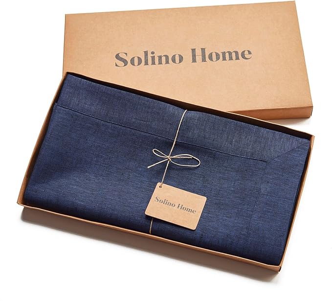 Solino Home Linen Tablecloth 60 x 120 Inch - 100% Pure Linen Chambray Navy Table Cloth for Rectangular Tables - Athena, Machine Washable Cloth Tablecloth for Winter, Spring
