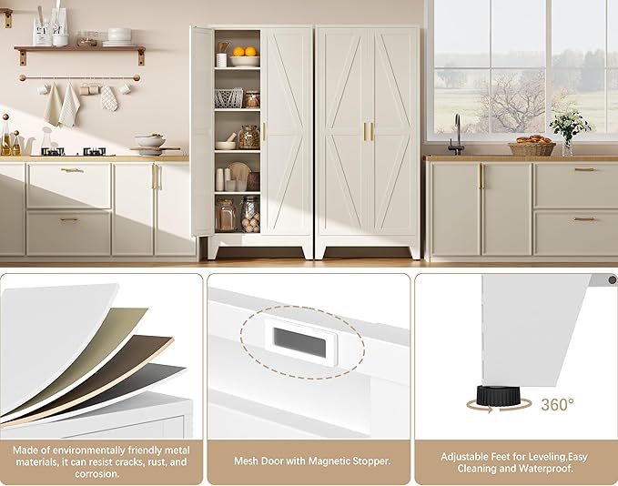71" H Metal Storage Cabinet,White Pantry Cabinets with Doors and Shelves,Tall Food Kitchen Cabinets,Farmhouse Kitchen Cabinet,Freestanding Cabinet