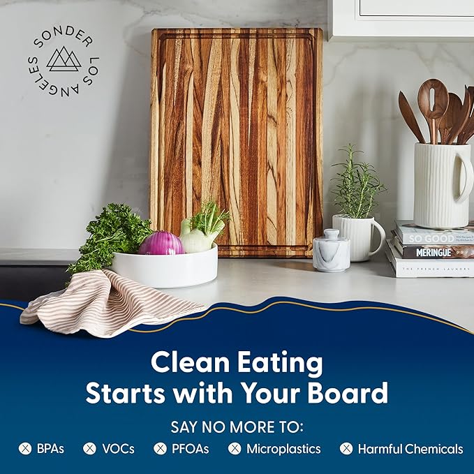 Sonder Los Angeles Bradbury Wood Cutting Board | Teak Edge Grain Cutting Board for Kitchen with Juice Groove & Sorting Compartments for Charcuterie | Gift Box Included | 20x15x1.5 in