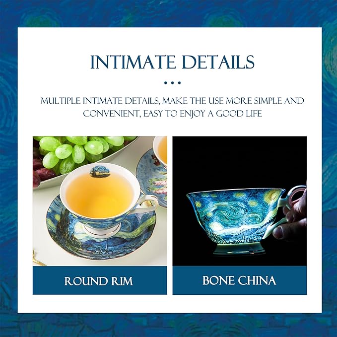 Van Gogh Bone China Set of 6 Cups and Saucers With Rack, Coffee Cup and Saucer Set With Gift Box, 7.4-Ounce Art Coffee Mugs Set - Perfect Birthday/Holiday/Wedding Gift